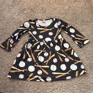 Kids Baseball Print Casual Dress - navy and Brown 1Y-2Y